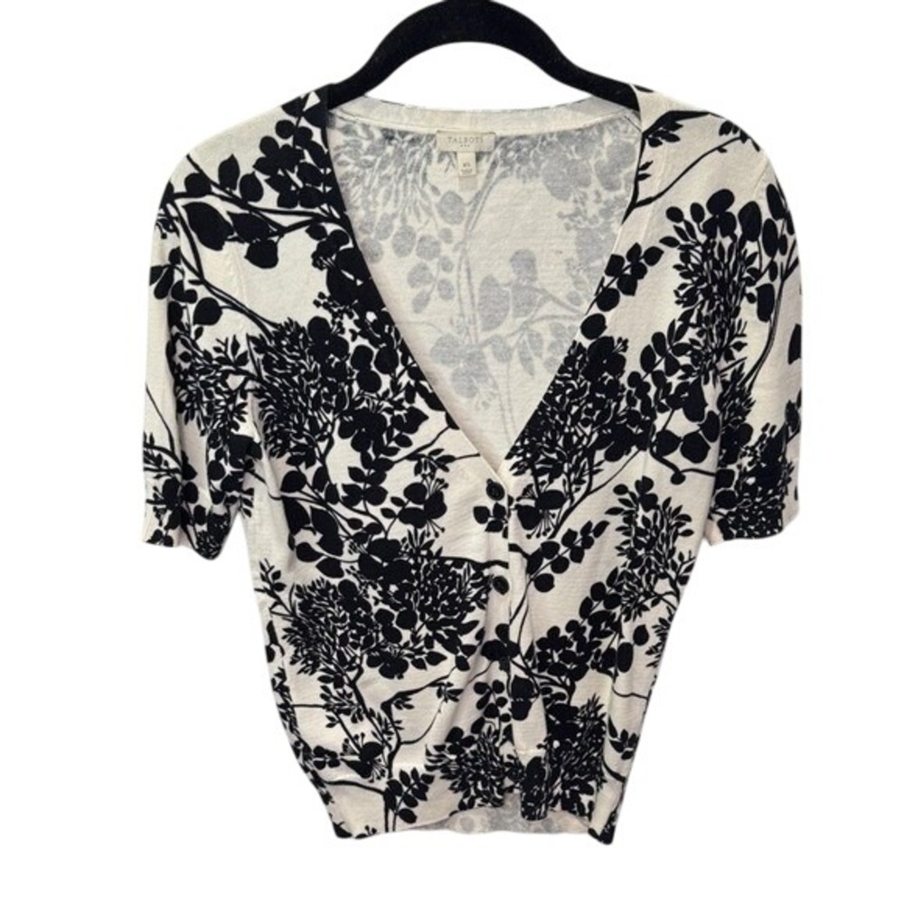 Talbots XS Cardigan Top Black & White Floral Print Short Sleeve‎ Knit